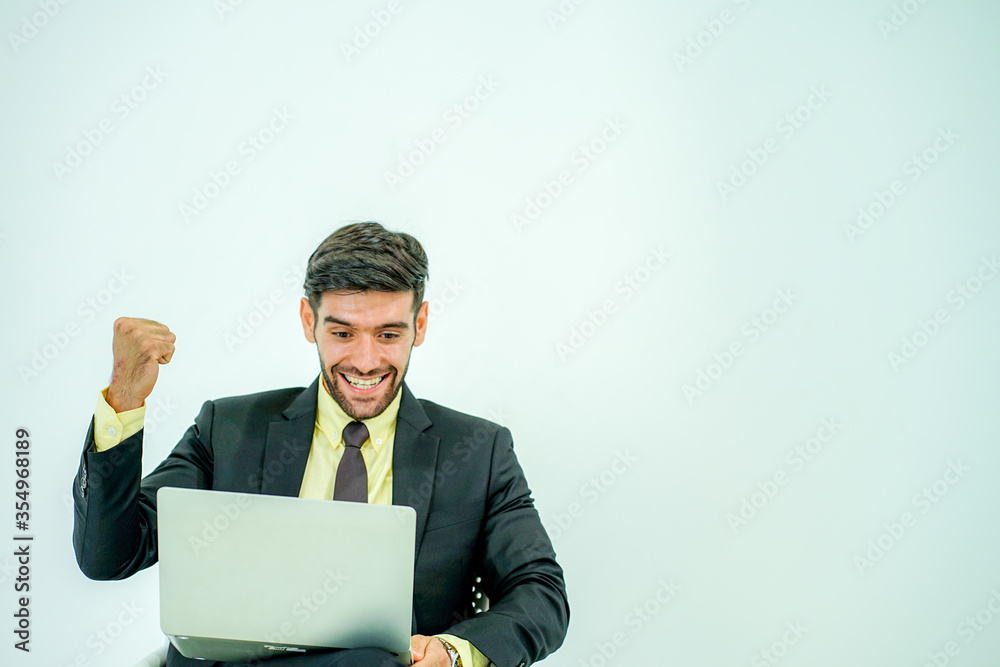 portrait shot of caucasian young businessman having social distancing meeting by video call conferfence from his notebook work from home on white background copy space portrait shot of caucasian young businessman having social distancing meeting by video call conferfence from his notebook work from home on white background copy space