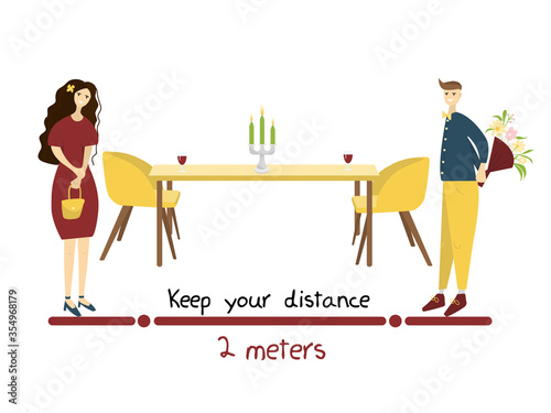 Social distance, distance in a public place. Romantic meeting of man and woman with social distance in a cafe. Concepts of a new norm against the spread of the outbreak of coronavirus COVID-19.