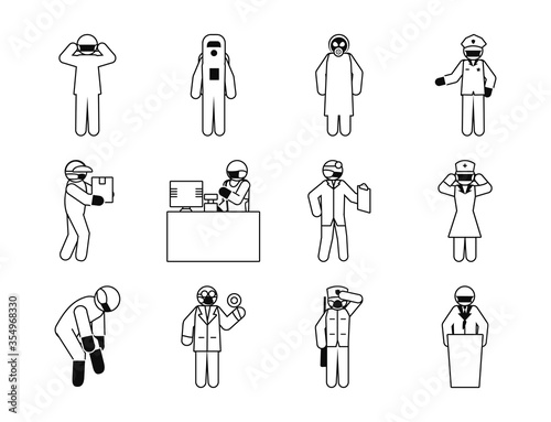 pictogram doctor and essential workers icon set, line style