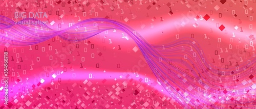 Binary Code Vector Landing Page. Matrix Flying Binary Code. Blue Pink Purple Background. Geometric Funky Modern Layout. Fractal 