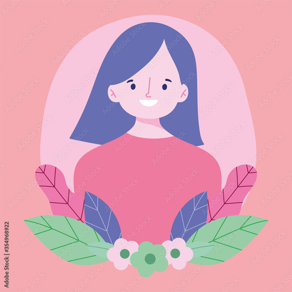 young woman cartoon character portrait flowers foliage design young woman cartoon character portrait flowers foliage design