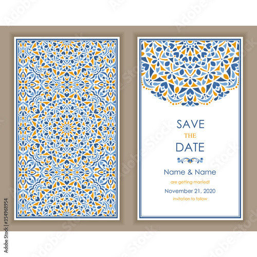 Wedding Invitation and save the date card Eastern style. Arabic  Pattern. Mandala ornament. Frame with flowers elements. Vector illustration.