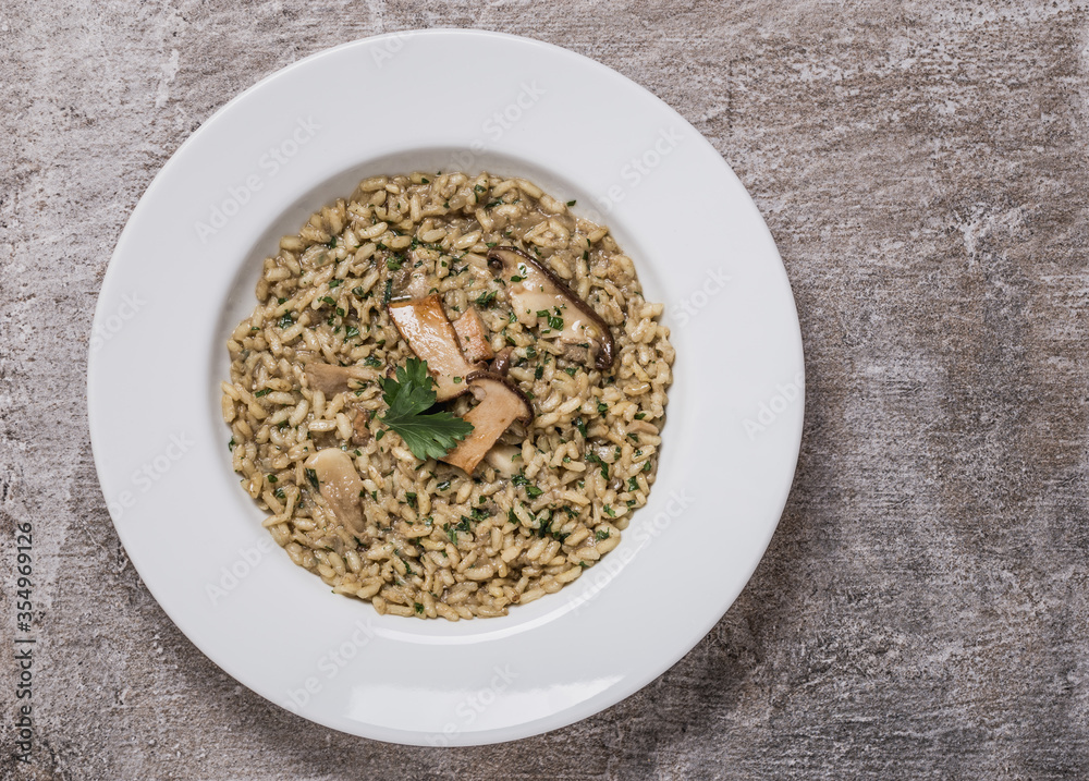 Risotto with porcini mushroom gourmet plate copy space. Risotto with porcini mushroom gourmet plate copy space.