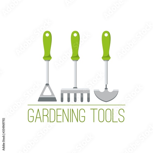 Gardening tools logo with hoe, rake and trowel.Garden instruments advertisement logotype. Design for horticulture. Flat vector illustration with text.