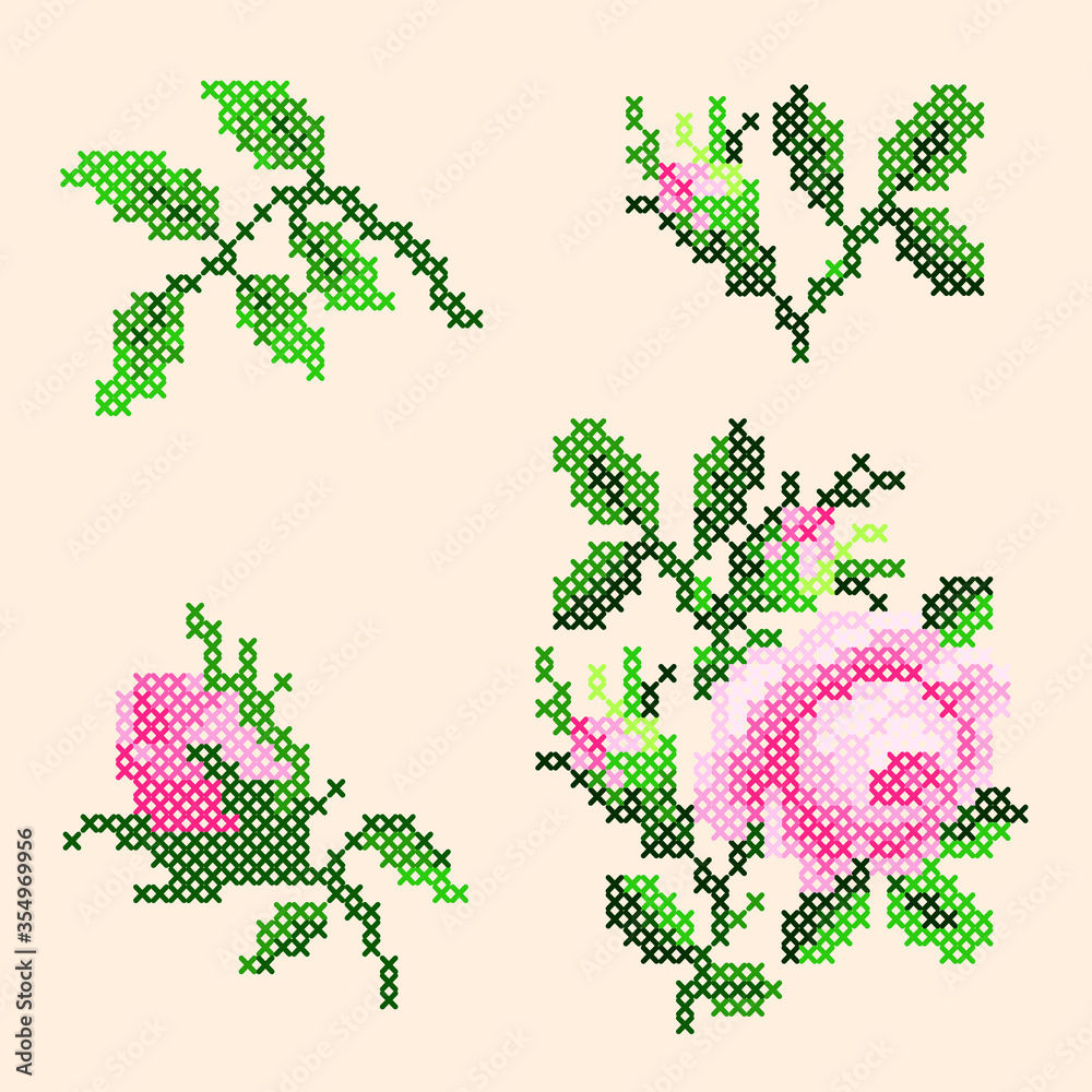 vector illustration of a set of floral cross stitch elements vector illustration of a set of floral cross stitch elements