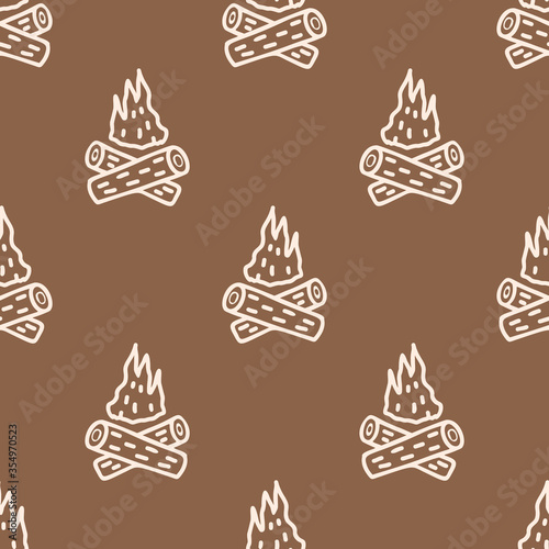 Seamless background gender neutral baby campfire  pattern. Simple whimsical minimal earthy 2 tone color. Kids nursery wallpaper or boho camping fashion all over print.