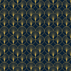 Wandcirkels Blauw goud patronen Vintage art deco waaiers goud blauw  © Moab Republic