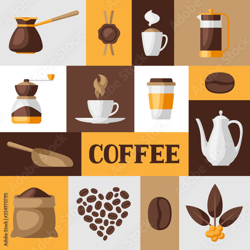 Background with coffee icons. Food illustration of beverage items.