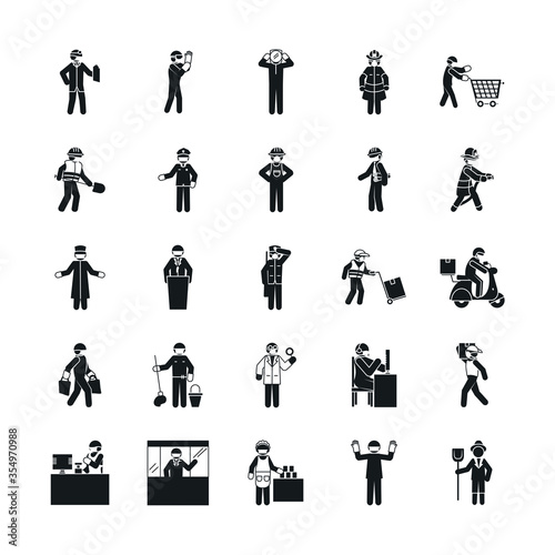 pictogram people and essential workers icon set, silhouette style