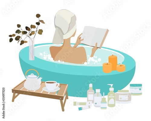 Bath time concept. Young woman lying in the bath full of soap foam and reading a book. Spa procedure. Trendy hand-drawn vector cartoon flat illustration.	