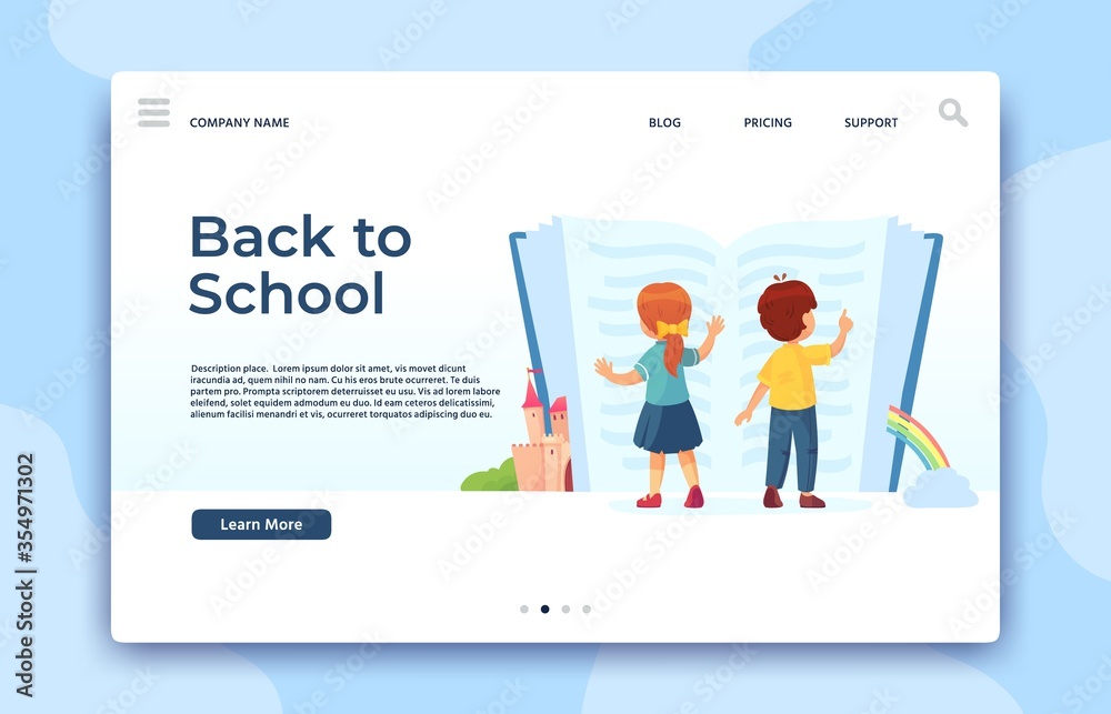 Back to School landing page. Education and study web page, kids read knowledge in book, learning children, vector illustration Back to School landing page. Education and study web page, kids read knowledge in book, learning children, vector illustration
