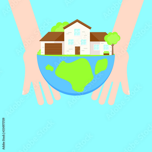 This is a facade of the house on the planet in hands. Vector illustration.