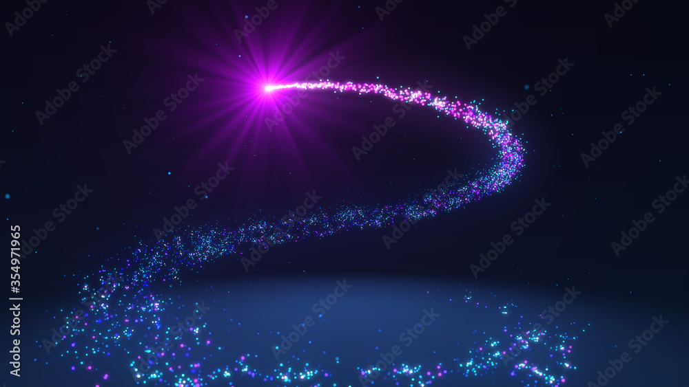 Obraz premium Colorful Red And Blue Swirl Glow Light Magic Trails Particle Glitter Dust Falling On The Floor