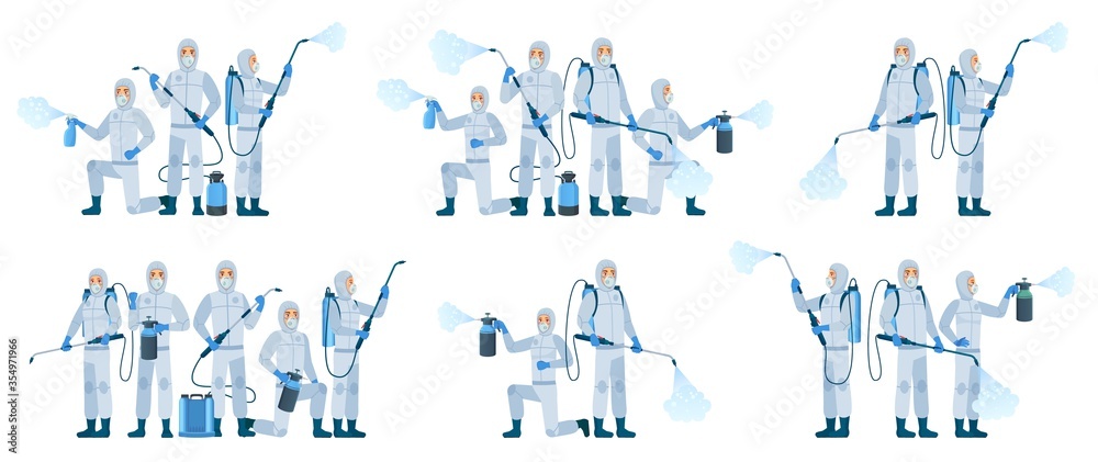Antiviral disinfection. People wearing protective suits masks use sanitizer spray. Disinfection team, Coronavirus protection vector illustration set. Prevention and safety, biohazard antiviral team - obrazy, fototapety, plakaty 