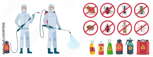 Cartoon disinfector. Disinfectors characters in protective suits with poison spray bottle. Get rid of rats and insects vector illustration set. Pest control, insect, chemical poison equipment photo