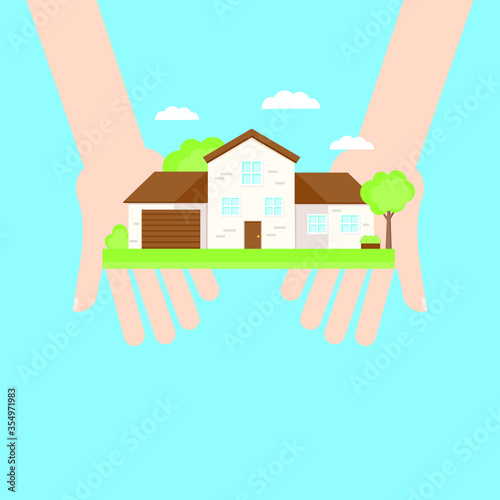 This is a facade of the house in hands. Vector illustration.