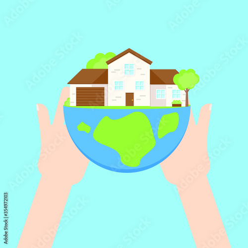 This is a facade of the house on the planet in hands. Vector illustration.