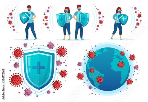 Protect from corona virus. People fight Covid-19, health shield vs virus and coronavirus around world globe vector illustration set. Covid-19 and virus protection, influenza dangerous
