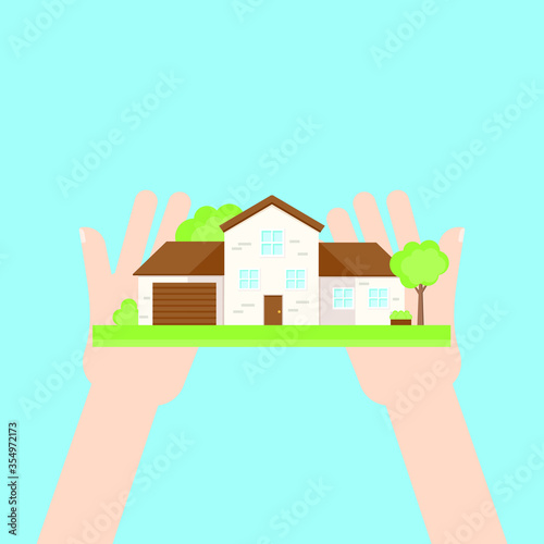 This is a facade of the house in hands. Vector illustration.