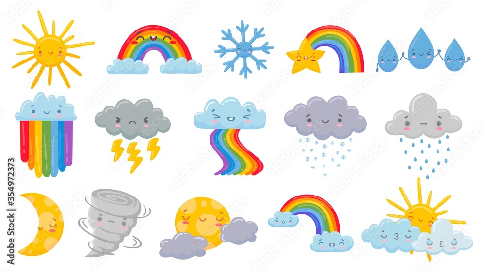 Cute cartoon weather. Happy hot sun, rainbow over clouds and funny snowflake. Snowly and rainy cloud, sleeping moon and angry hurricane vector illustration set. Rainbow and hot sun, rain and star Cute cartoon weather. Happy hot sun, rainbow over clouds and funny snowflake. Snowly and rainy cloud, sleeping moon and angry hurricane vector illustration set. Rainbow and hot sun, rain and star