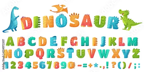 Fototapeta Cartoon dino font. Dinosaur alphabet letters and numbers, funny dinos letter signs for nursery or kindergarten kids vector illustration set. Alphabet dinosaur, abc kids letter typography