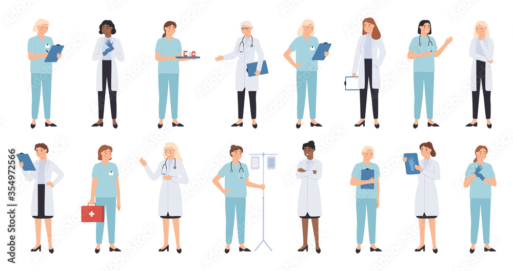 Nurse and doctors. Women doctors team. Medical staff doctor and nurse, medics, professional paramedic vector physician characters. Therapist doctor stethoscope or dropper illustration Nurse and doctors. Women doctors team. Medical staff doctor and nurse, medics, professional paramedic vector physician characters. Therapist doctor stethoscope or dropper illustration
