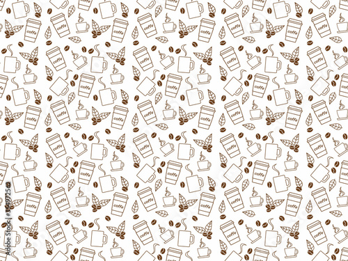 Vector seamless pattern of brown coffee cups, grains and leaves on a white background