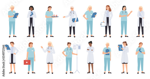 Nurse and doctors. Women doctors team. Medical staff doctor and nurse, medics, professional paramedic vector physician characters. Therapist doctor stethoscope or dropper illustration