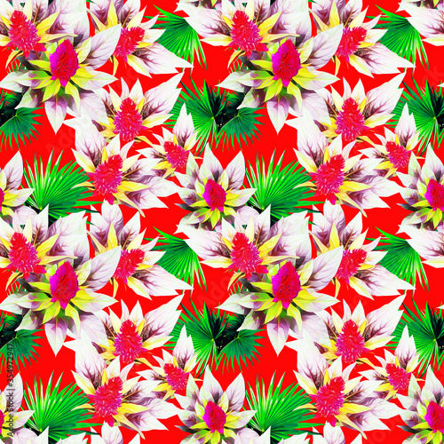 Tropical flowers with palm leaves  seamless pattern.
