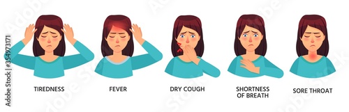 Woman with covid-19 symptoms dry cough and sore throat. Illustration infection fever, medical respiratory corona 2019-ncov vector