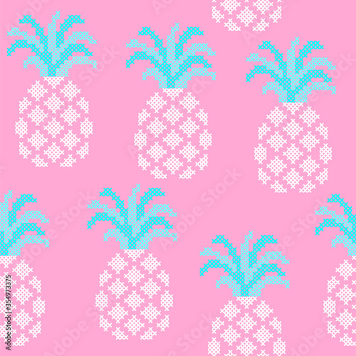 seamless pattern with cross stitch pineapple