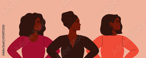 Three strong African women stand together. Concept of fighting for equality and female empowerment movement. Vector horizontal banner.