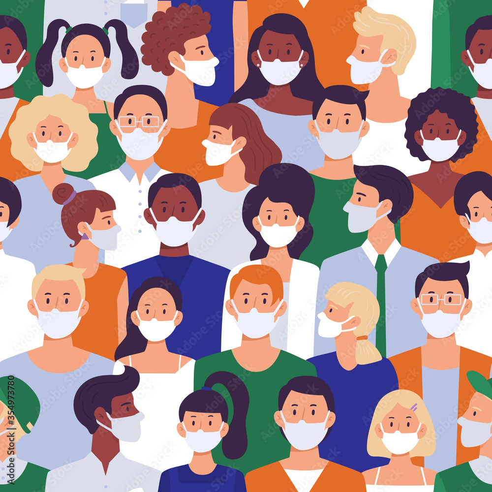 People crowd in face masks. Covid-19 caution, infection safety and coronavirus health protective mask seamless pattern vector illustration. Crowd mask and epidemic medical infection pattern People crowd in face masks. Covid-19 caution, infection safety and coronavirus health protective mask seamless pattern vector illustration. Crowd mask and epidemic medical infection pattern