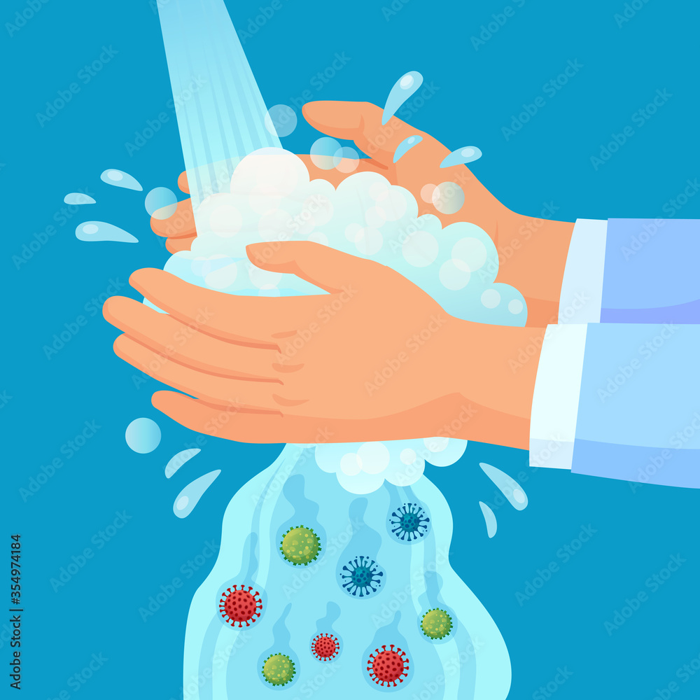 Hand washing. Personal hygiene propaganda, washing hands with soap under faucet with germs falling down. Covid virus prevention vector concept. Wash hand with soap, hygiene procedure illustration Hand washing. Personal hygiene propaganda, washing hands with soap under faucet with germs falling down. Covid virus prevention vector concept. Wash hand with soap, hygiene procedure illustration