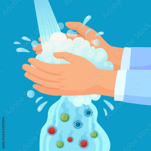 Hand washing. Personal hygiene propaganda, washing hands with soap under faucet with germs falling down. Covid virus prevention vector concept. Wash hand with soap, hygiene procedure illustration