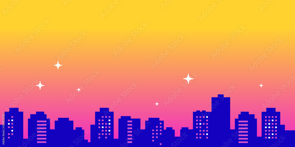 Vector illustration of city landscape with building silhouette on sunset yellow color background with star.
