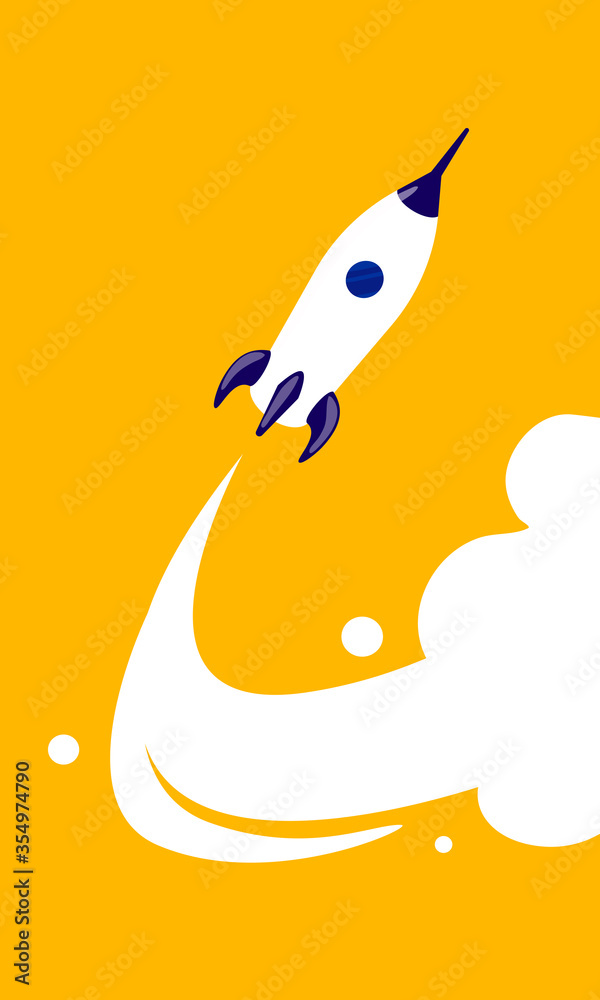 Vector business illustration of fly up spaceship on yellow color background with white cloud trace. Vector business illustration of fly up spaceship on yellow color background with white cloud trace.