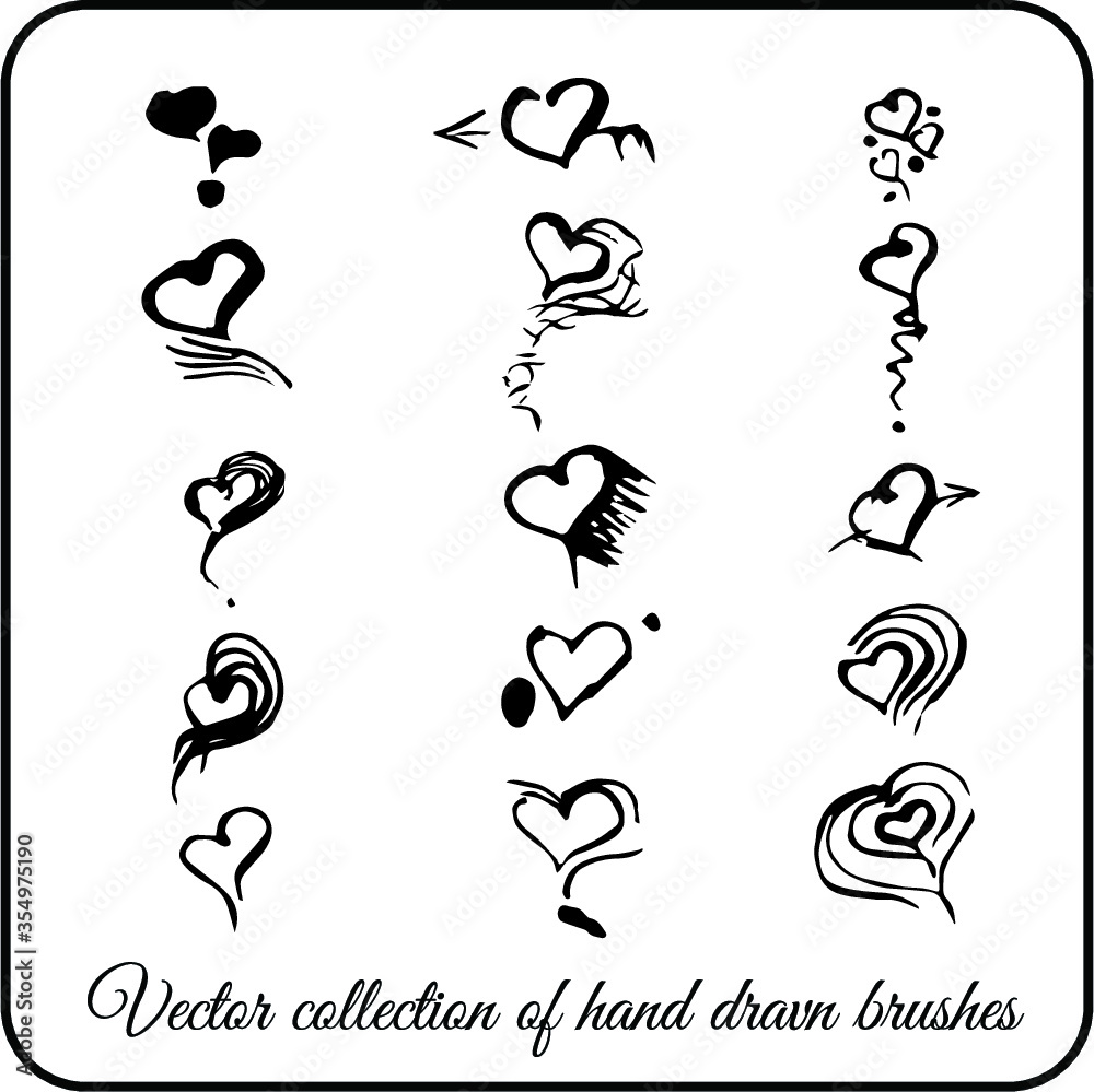Set of vector decorative doodle icons hearts black ink handmade Set of vector decorative doodle icons hearts black ink handmade
