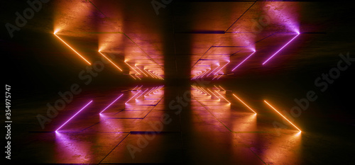 Neon Glowing Sci Fi Glowing Purple Orange Futuristic Laser Beams Bouncing On Dark Grunge Concrete Tiled Floor Night Stage Showroom Garage Warehouse Cyber Background 3D Rendering