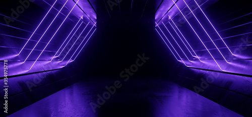 Neon Glowing Sci Fi  Glowing Purple Futuristic Laser Beams Bouncing On Dark Grunge Concrete Tiled Floor Night Stage Showroom Garage Warehouse Cyber Background 3D Rendering