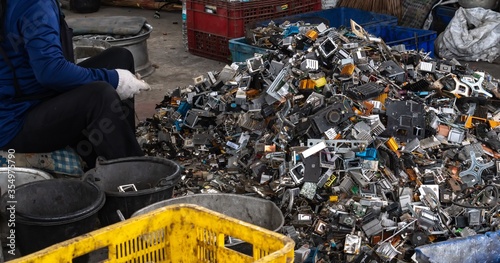  Scrap yard electronic waste for recycling with selective focus. electronic aluminium waste photo