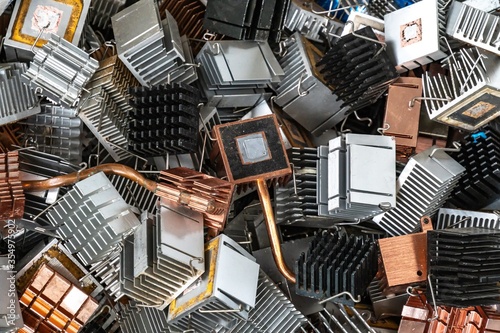  Scrap yard electronic waste for recycling with selective focus. electronic aluminium waste