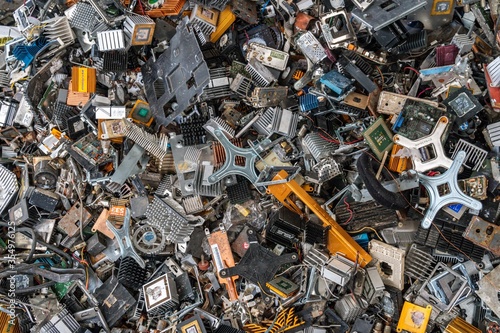  Scrap yard electronic waste for recycling with selective focus. electronic aluminium waste photo