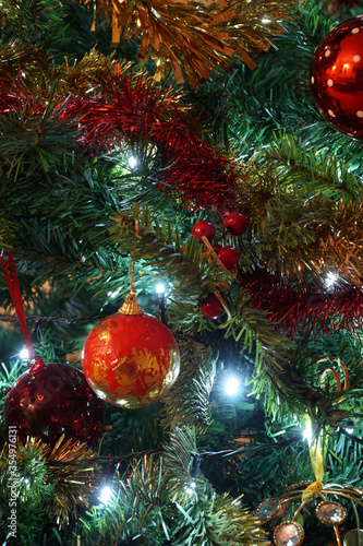 Close-up of Christmas decorations on a Christmas tree