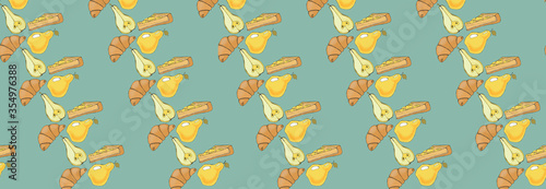 Seamless background: whole pear, pie, half pear, croissant. Kitchen print, menu and cover of candy stores and restaurants