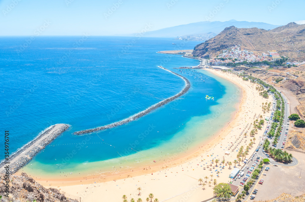View of famous beach and ocean lagoon Playa de las Teresitas,Tenerife, Canary islands, Spain