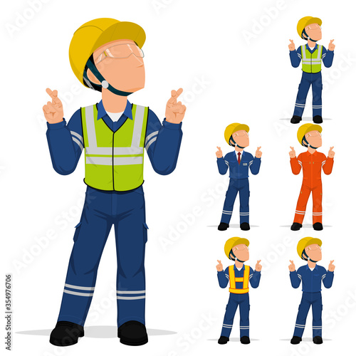 Set of industrial worker is presenting crossed finger hand sign