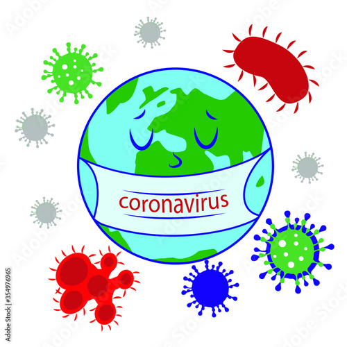 The globe of planet Earth dressed a medical mask from Covid -19. Coronavirus and quarantine world pandemic concept vector illustration Cute Earth planet attacked by Corona virus. Vector mask