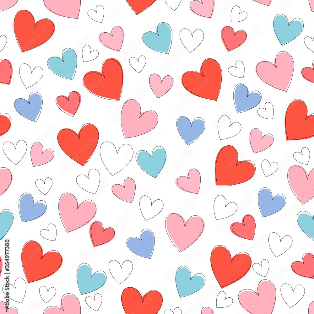 Hand drawn a flock of heart with red, pink, blue, green pastel colors. Seamless vector illustration art.