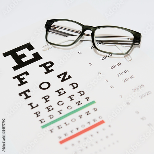 Spectacles in folded state on table to check visual acuity